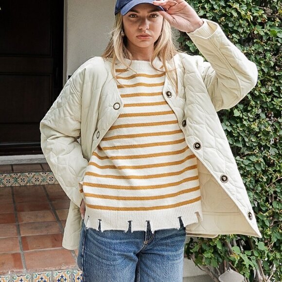 LUMIERE White Mustard Yellow Striped Distressed Hem Sweater, Boutique Casual - Picture 2 of 4